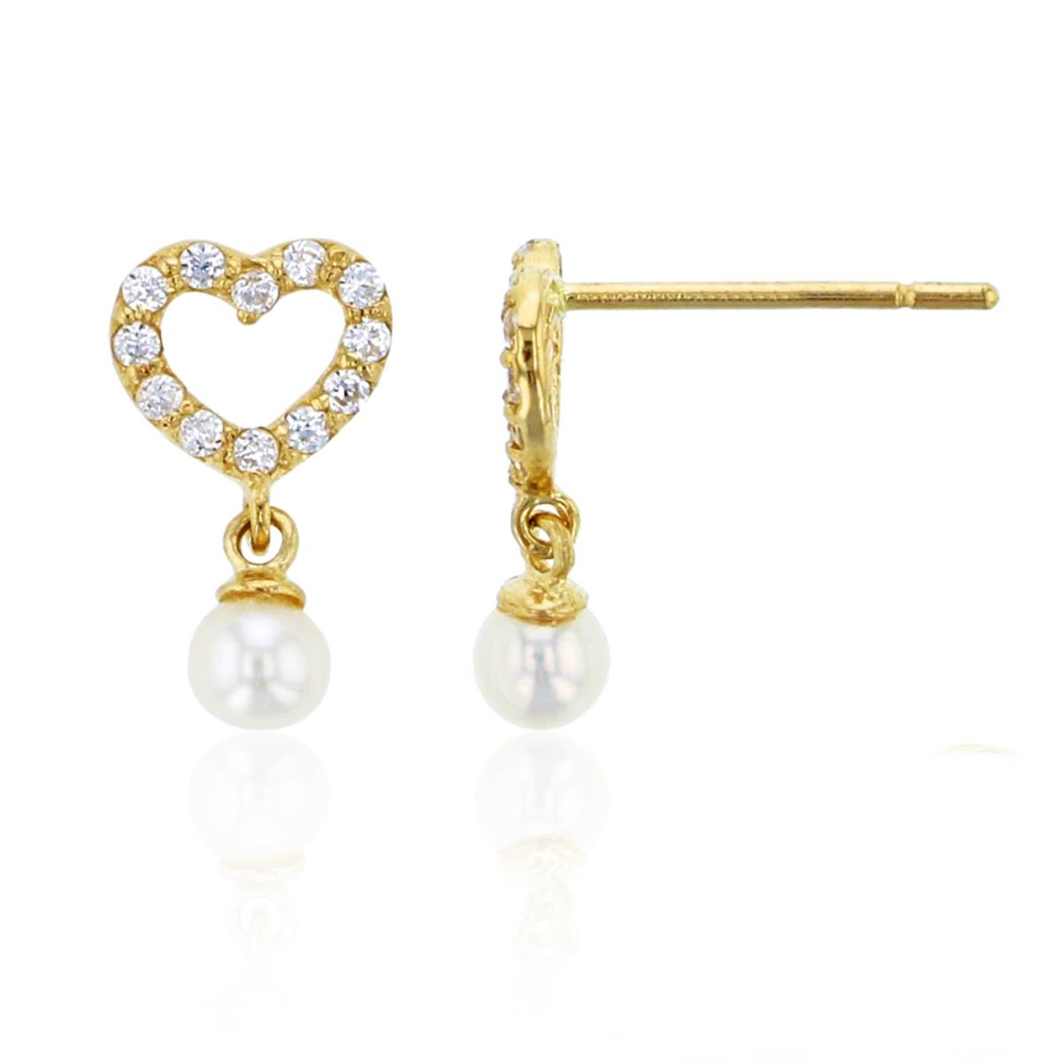 10K Yellow Gold Pave Open Heart with 3mm Fresh Water Pearl Drop Earring