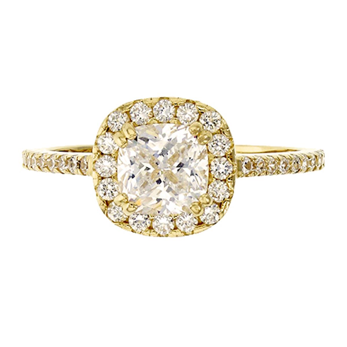 10K Yellow Gold Micropave 6mm Cushion CZ Double Prong Engagement Ring