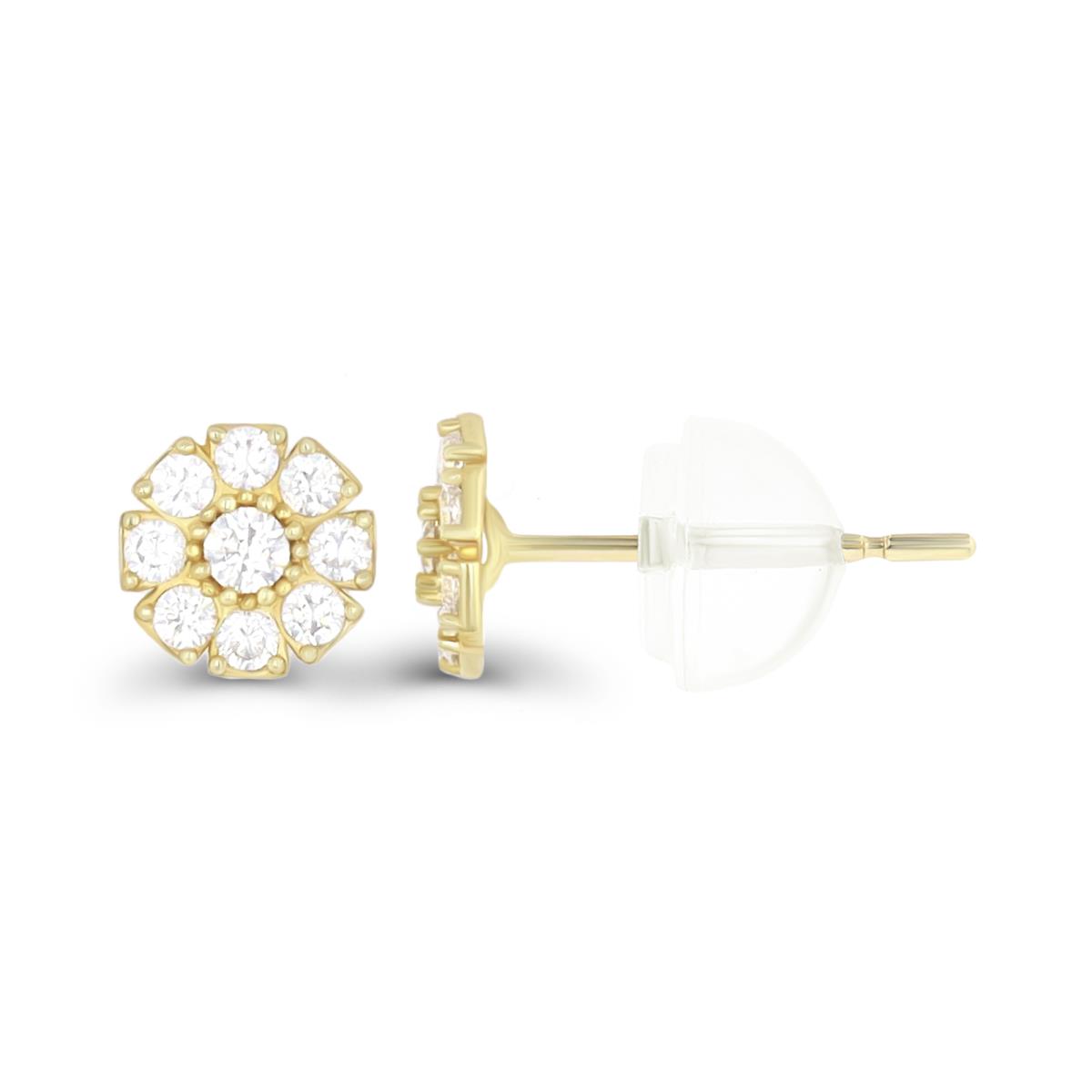 14K Yellow Gold Micropave Flower CZ Stud & 14K Silicone Back