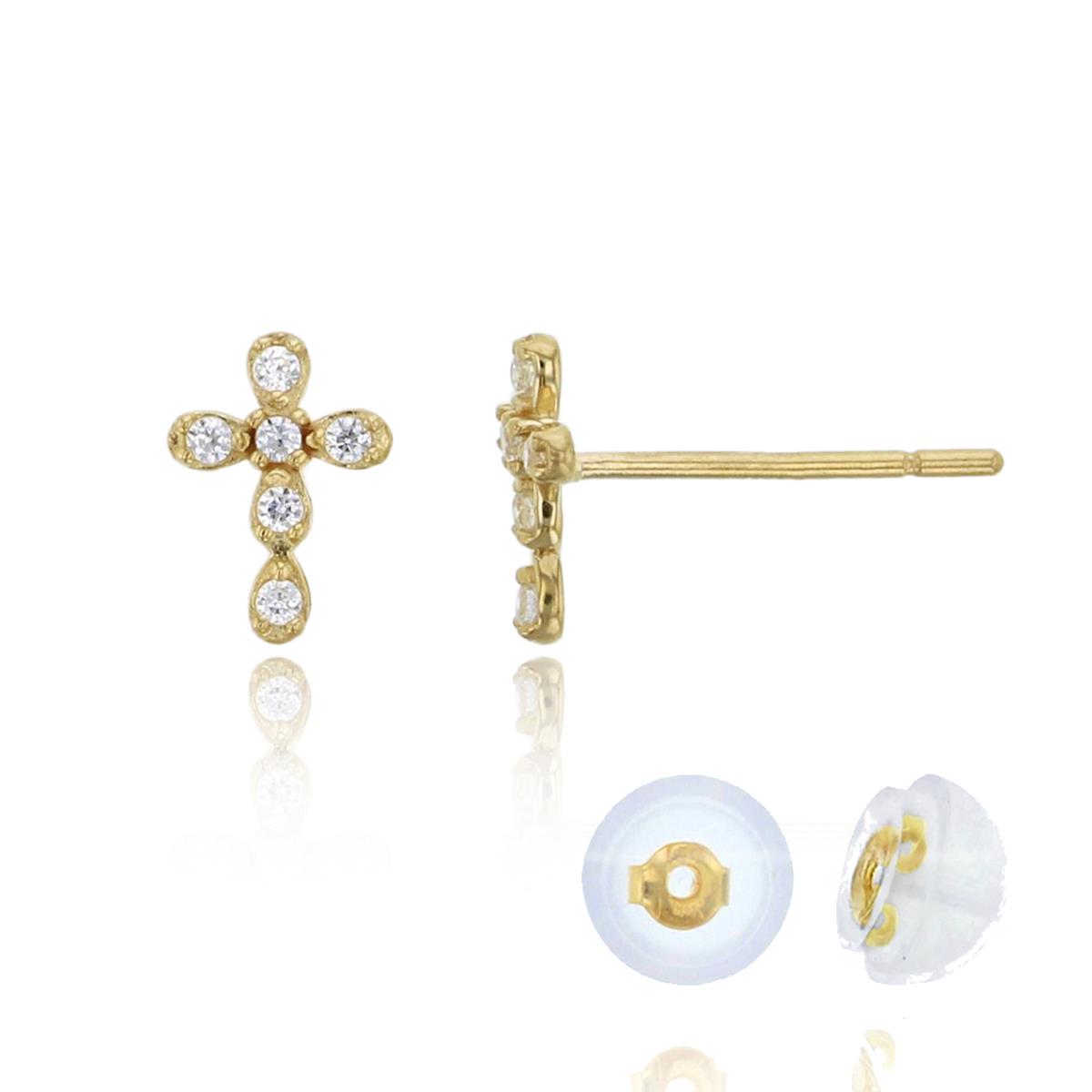 10K Yellow Gold Pave 6x4mm Cross CZ Stud Earring & 10K Silicone Back