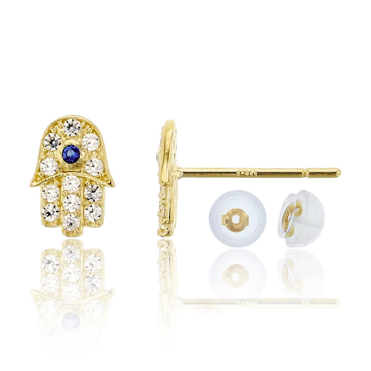10K Yellow Gold Pave Created Sapphire & Clear CZ Hamsa Stud & 10K Silicone Back