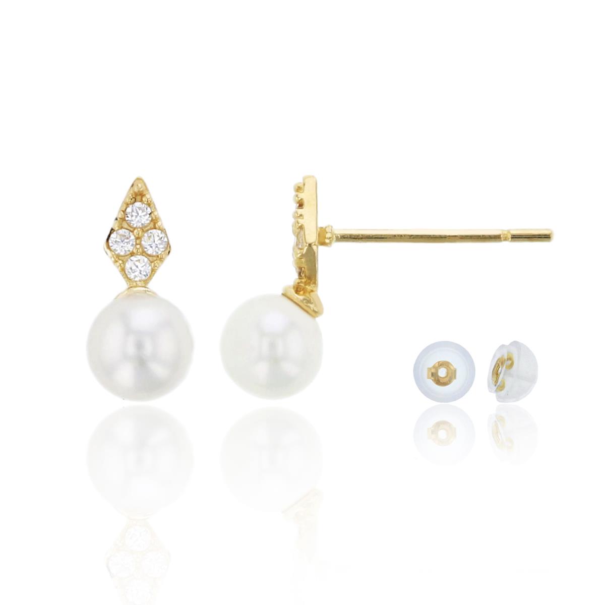 10K Yellow Gold 4mm Fresh Water Pearl & CZ Drop Earing & 10K Silicone Back