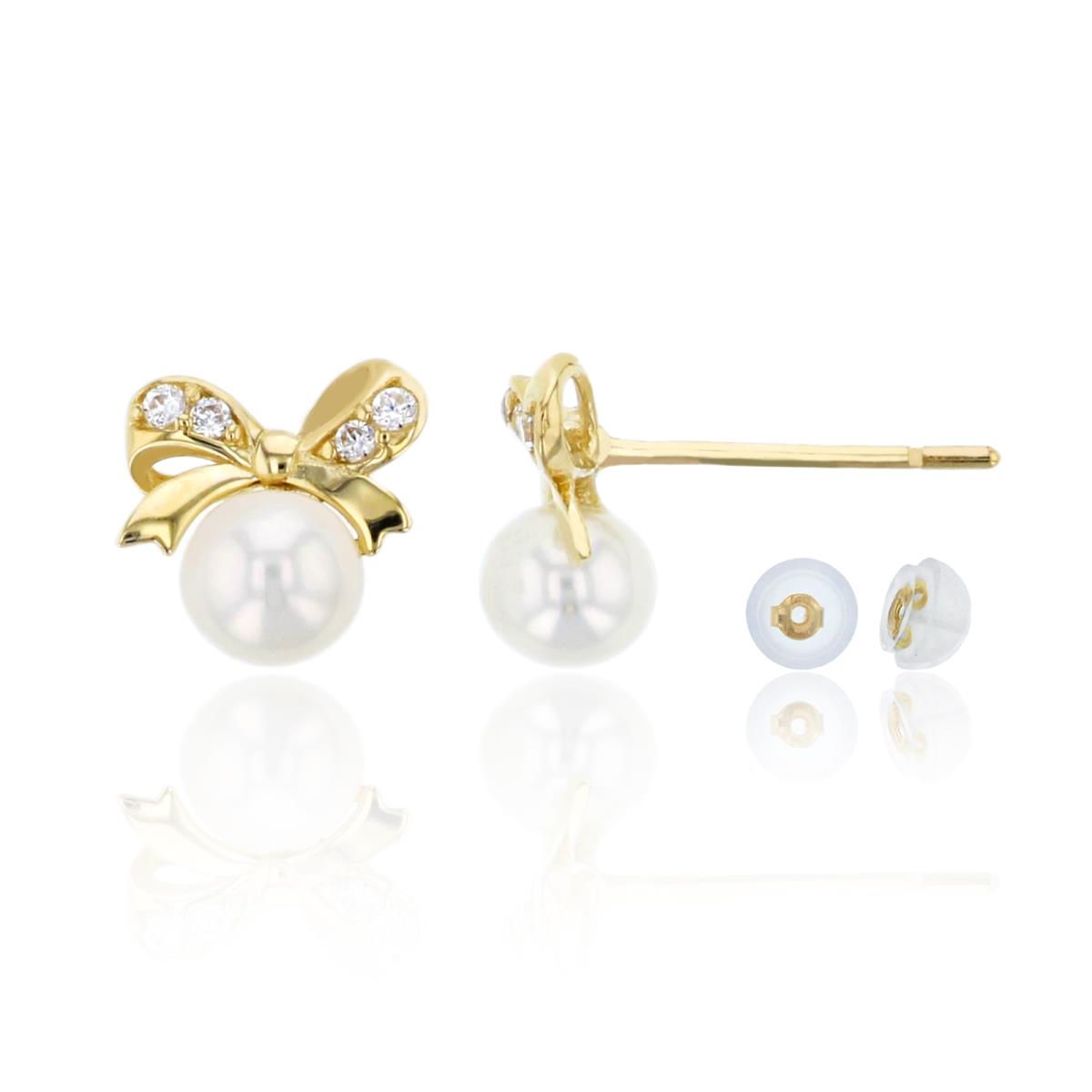 10K Yellow Gold 4mm Fresh Water Pearl & CZ Bow Stud & 10K Silicone Back
