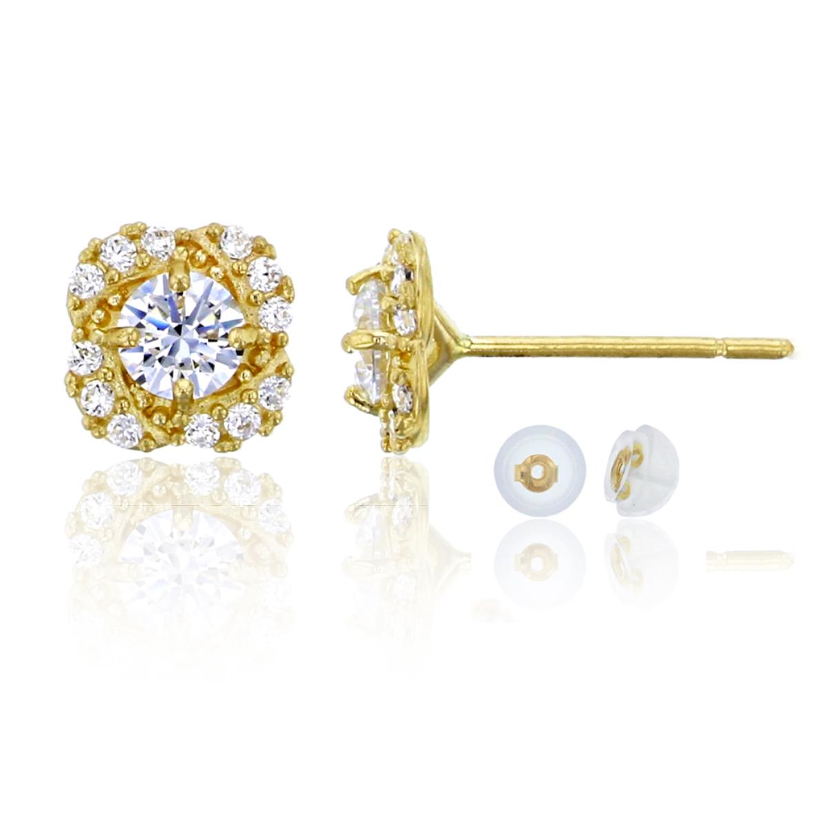 14K Yellow Gold Micropave 3.5mm Round Cut Clover CZ Stud & 14K Silicone Back