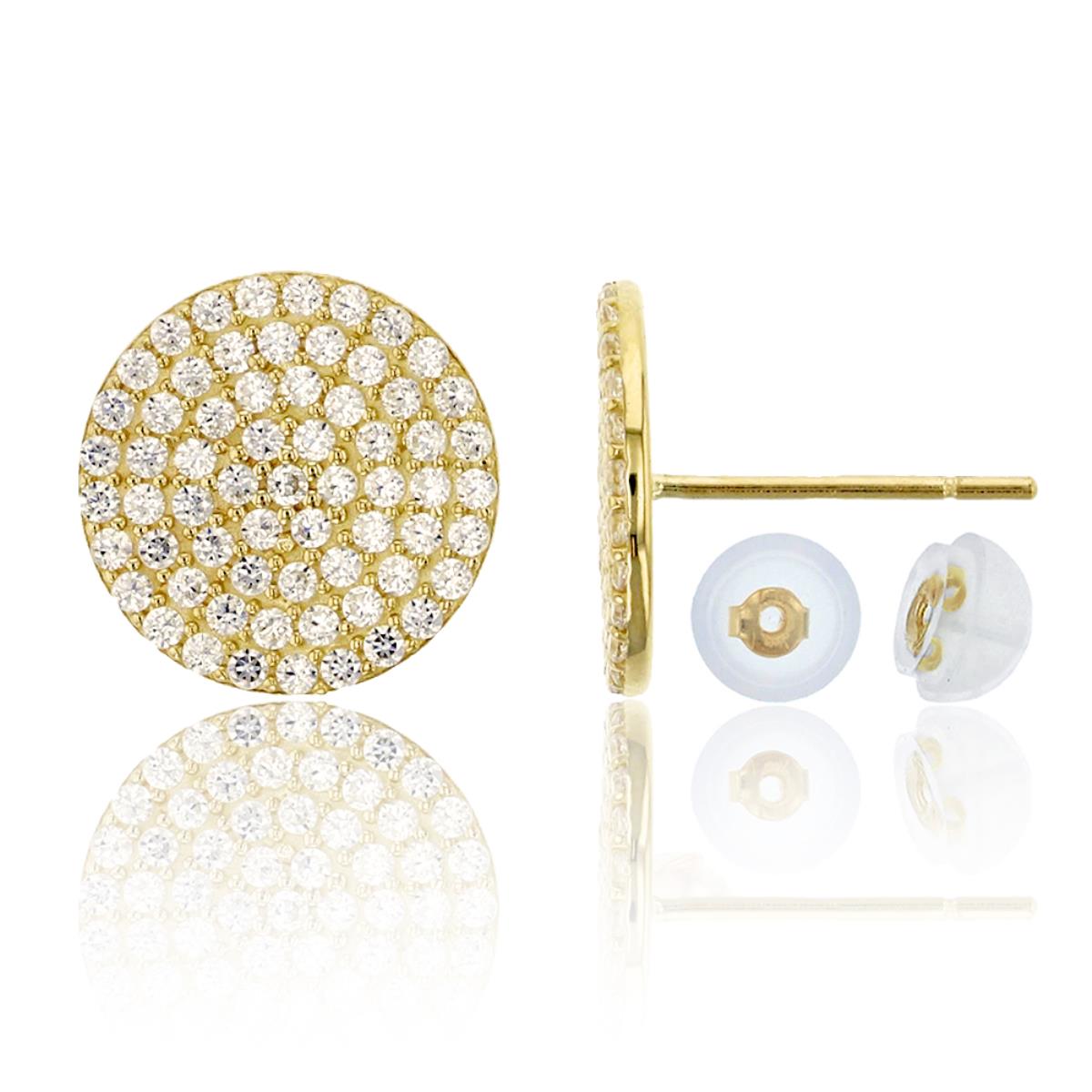14K Yellow Gold Micropave 10mm Flat Circle Stud Earring & 14K Silicone Back