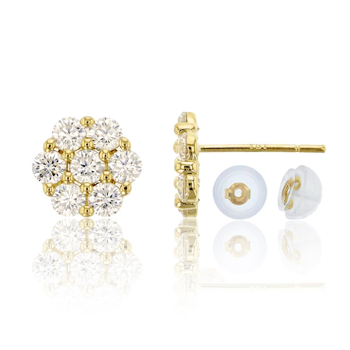 14K Yellow Gold Pave 8mm Cluster CZ Stud Earring & 14K Silicone Back