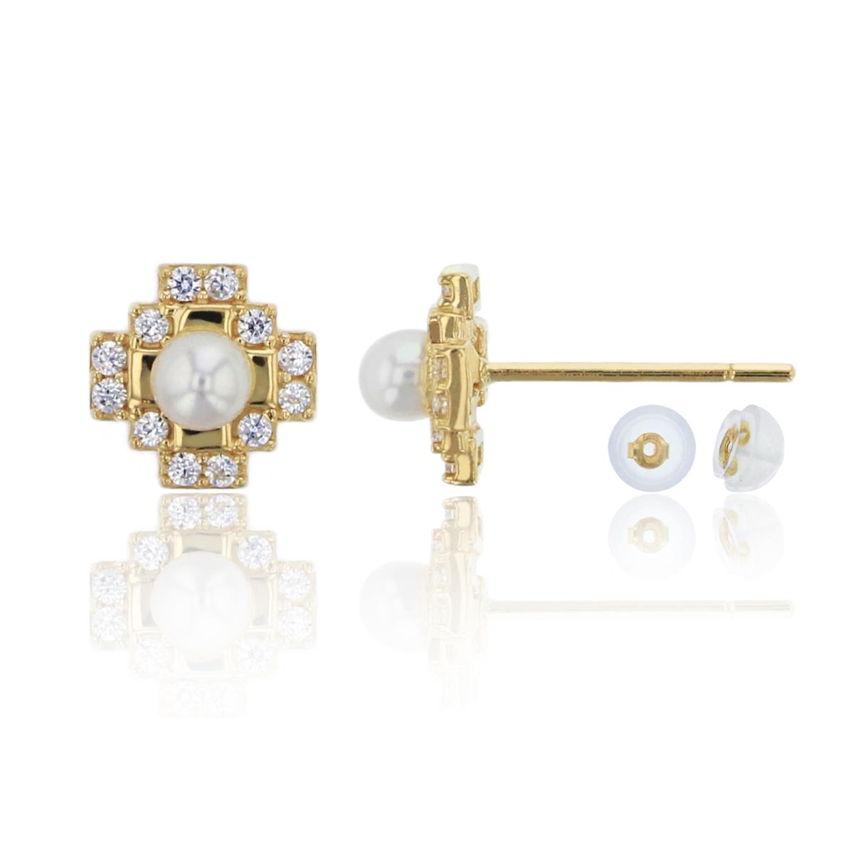 14K Yellow Gold Pave 3mm Fresh Water Pearl & CZ Geometric Stud & 14K Silicone Back
