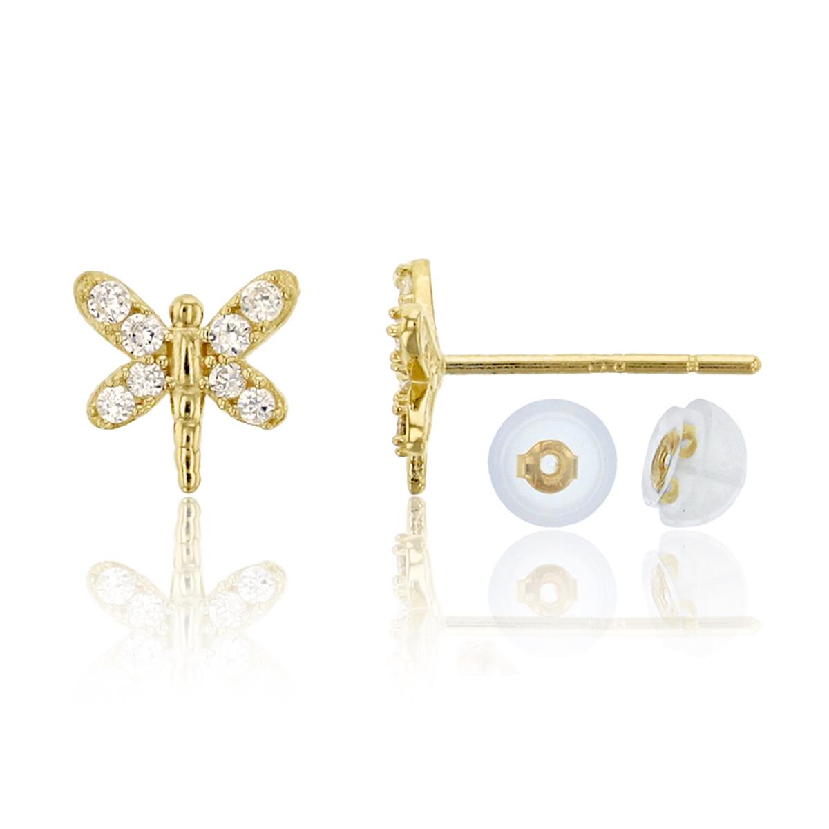 14K Yellow Gold Micropave 6x6mm Dragonfly CZ Stud & 14K Silicone Back