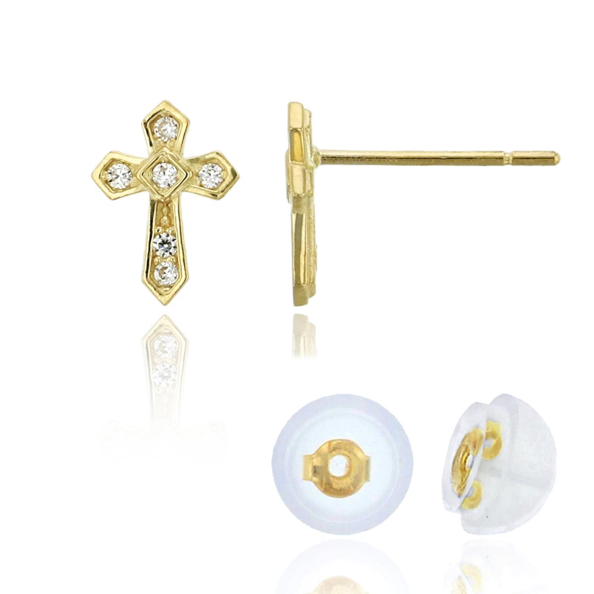 14K Yellow Gold Micropave 8x5mm Cross CZ Stud Earring & 14K Silicone Back