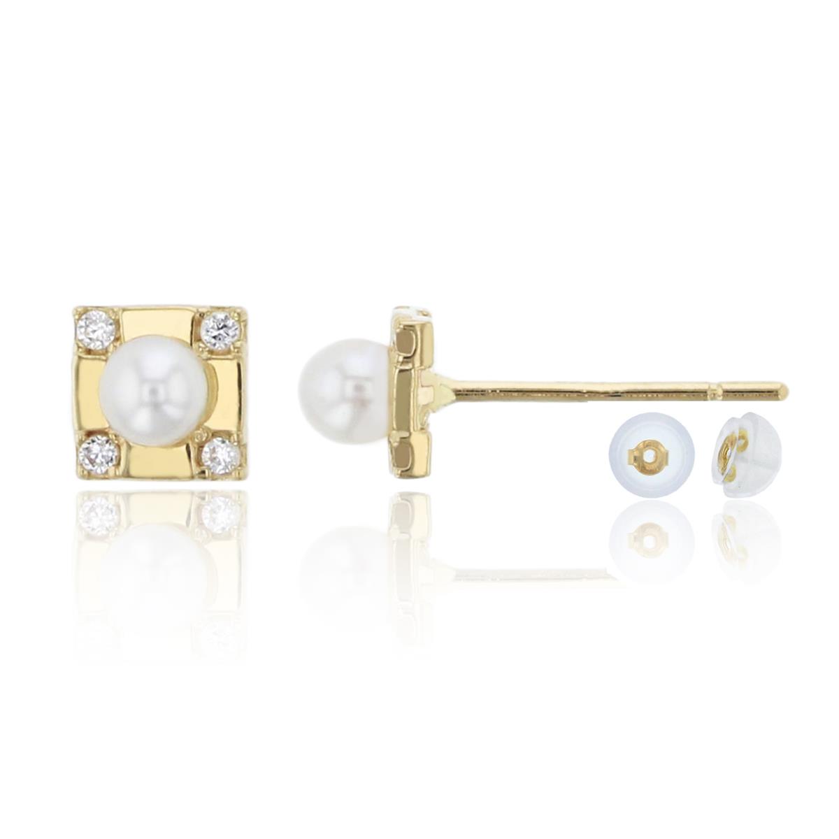 14K Yellow Gold Pave 3mm Fresh Water Pearl & CZ Square Stud & 14K Silicone Back