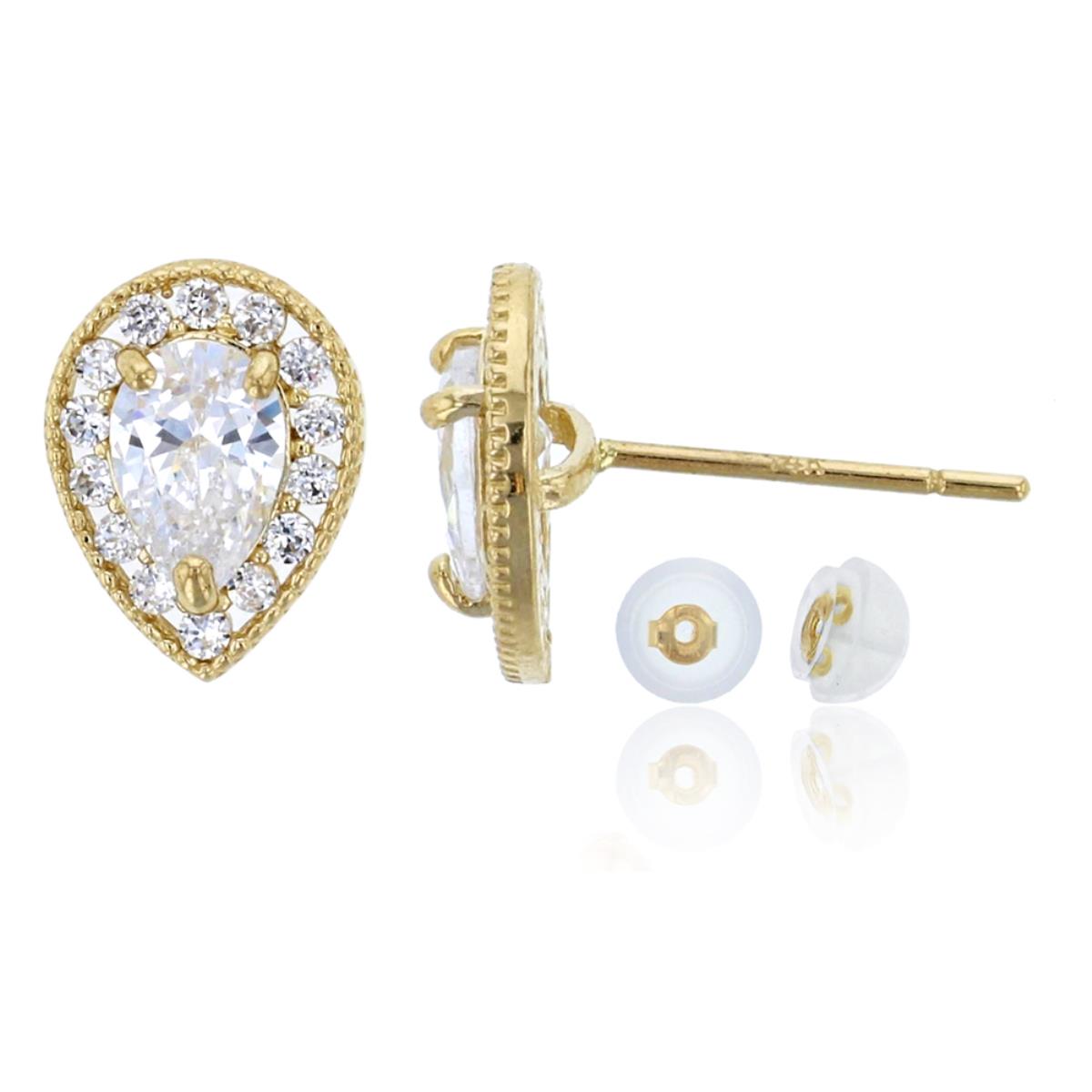 10K Yellow Gold Pave 6x4mm Pear Cut Rope Halo Stud & 10K Silicone Back