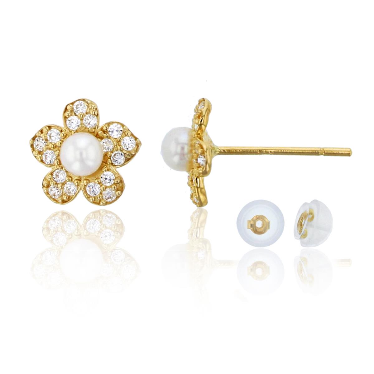 10K Yellow Gold 3mm Fresh Water Pearl & CZ Flower Stud & 10K Silicone Back