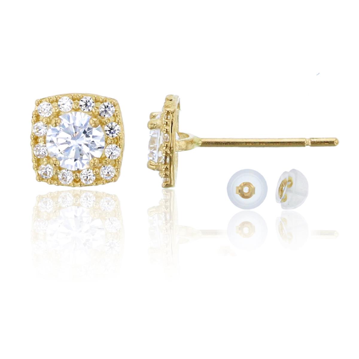10K Yellow Gold 3.75mm Round Cut Square Shapped Halo Stud &10K Silicoe Back