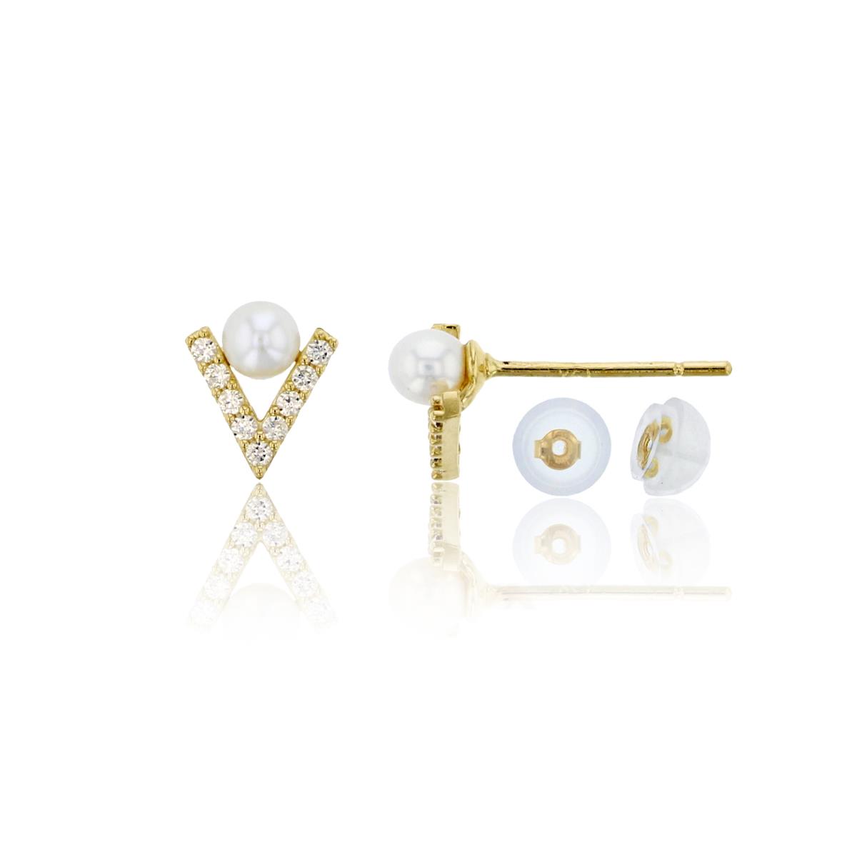 10K Yellow Gold 3mm Fresh Water Pearl & CZ V Shaped Stud & 10K Silicone Back