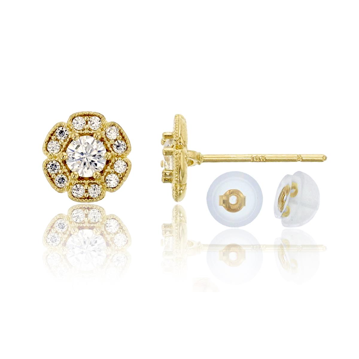 10K Yellow Gold Pave 3mm Round Cut Milgrain Flower Stud & 10K Silicone Back