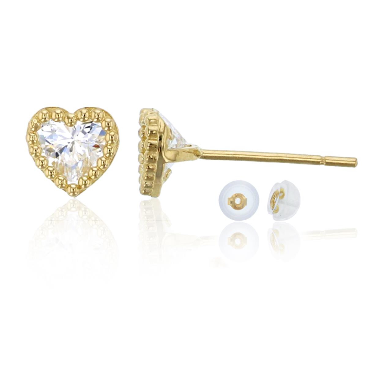 10K Yellow Gold 4mm Heart Cut Bubble Solitaire Stud  & 10K Silicone Back