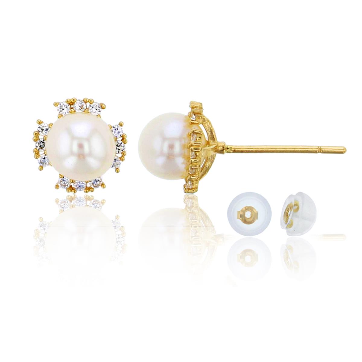 10K Yellow Gold 5mm Fresh Water Pearl & CZ Flower Stud & 10K Silicone Back