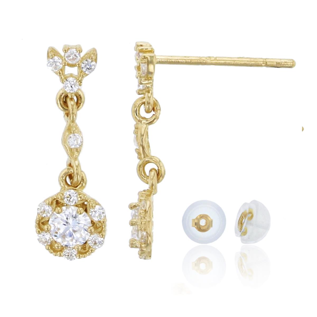10K Yellow Gold Micropave Round Cut Floral Dangling Earring & 10K Silicone Back