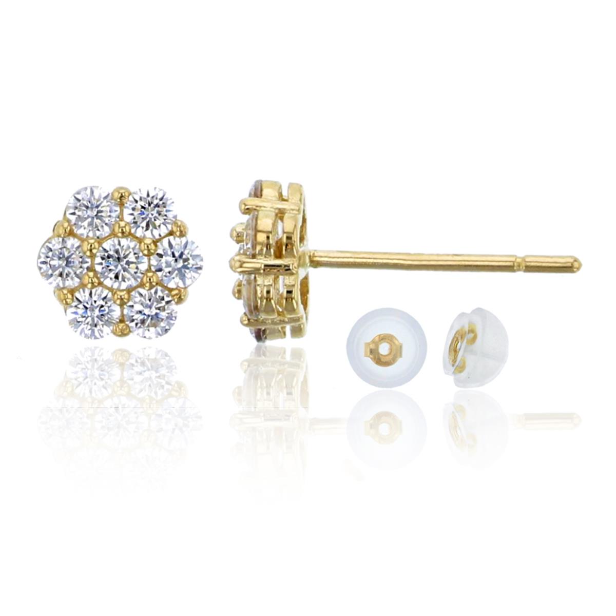 14K Yellow Gold Pave 5mm Cluster CZ Stud Earring & 14K Silicone Back