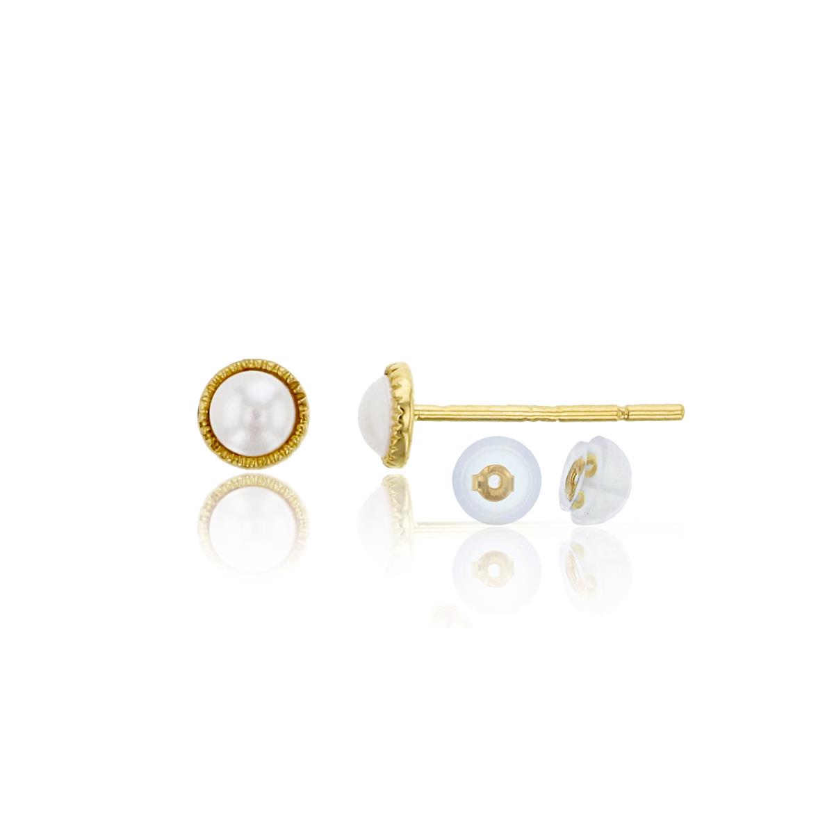 14K Yellow Gold 2mm Pearl Milgraine Round Stud Earring & 14K Silicone Back