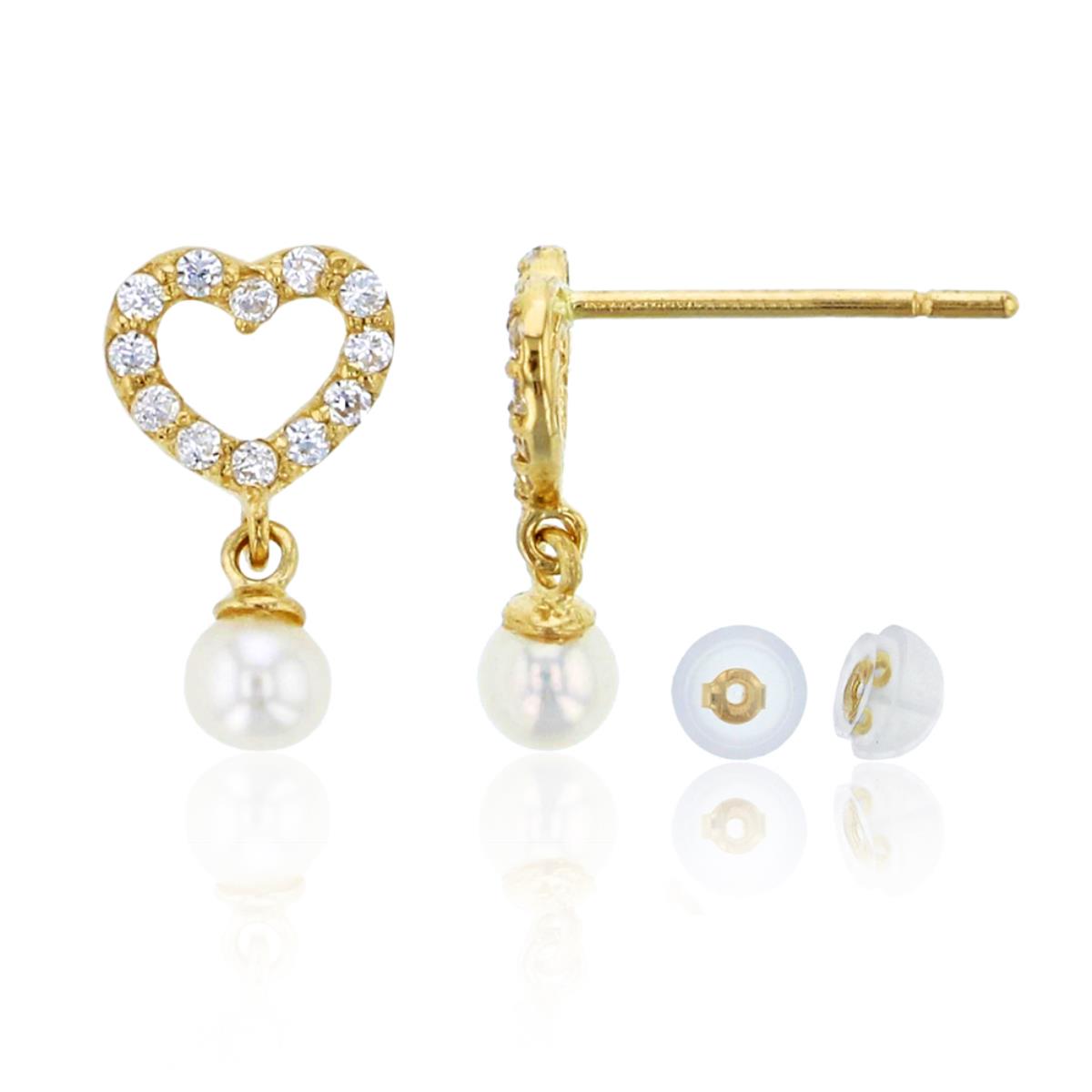 10K Yellow Gold Pave Open Heart with 3mm Fresh Water Pearl Drop Earring & 10K Silicone Back