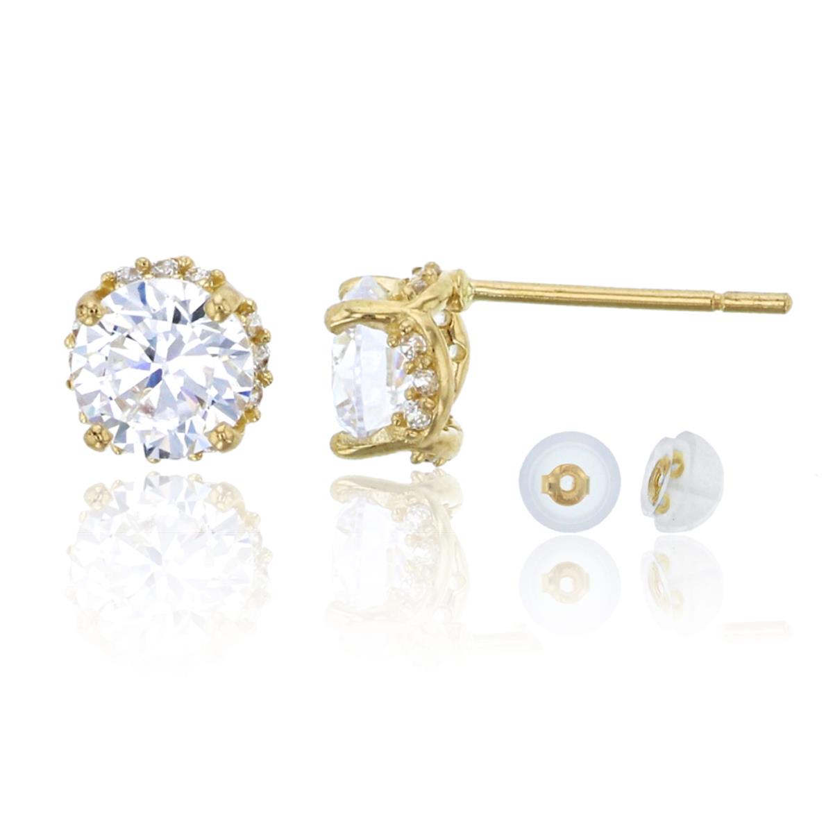 10K Yellow Gold Prong 5mm Round Cut CZ Stud Earring & 10K Silicone Back