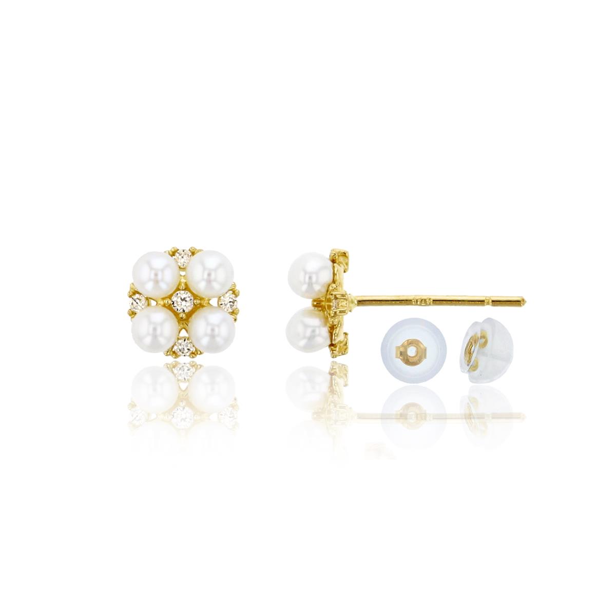 10K Yellow Gold 2mm Fresh Water Pearl & CZ Stud Earring & 10K Silicone Back