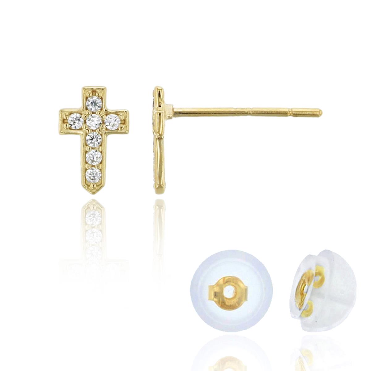 14K Yellow Gold Micropave 6x4mm Small Cross Stud Earring & 14K Silicone Back