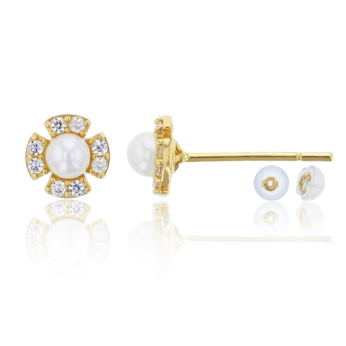 10K Yellow Gold 3mm Fresh Water Pearl & CZ Flower Earring & 10K Silicone Back