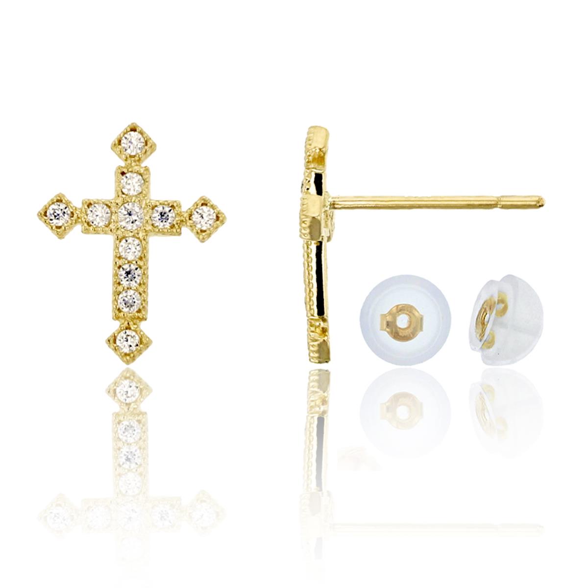 10K Yellow Gold Micropave 10x7mm Milgraine Cross CZ Earring & 10K Silicone Back