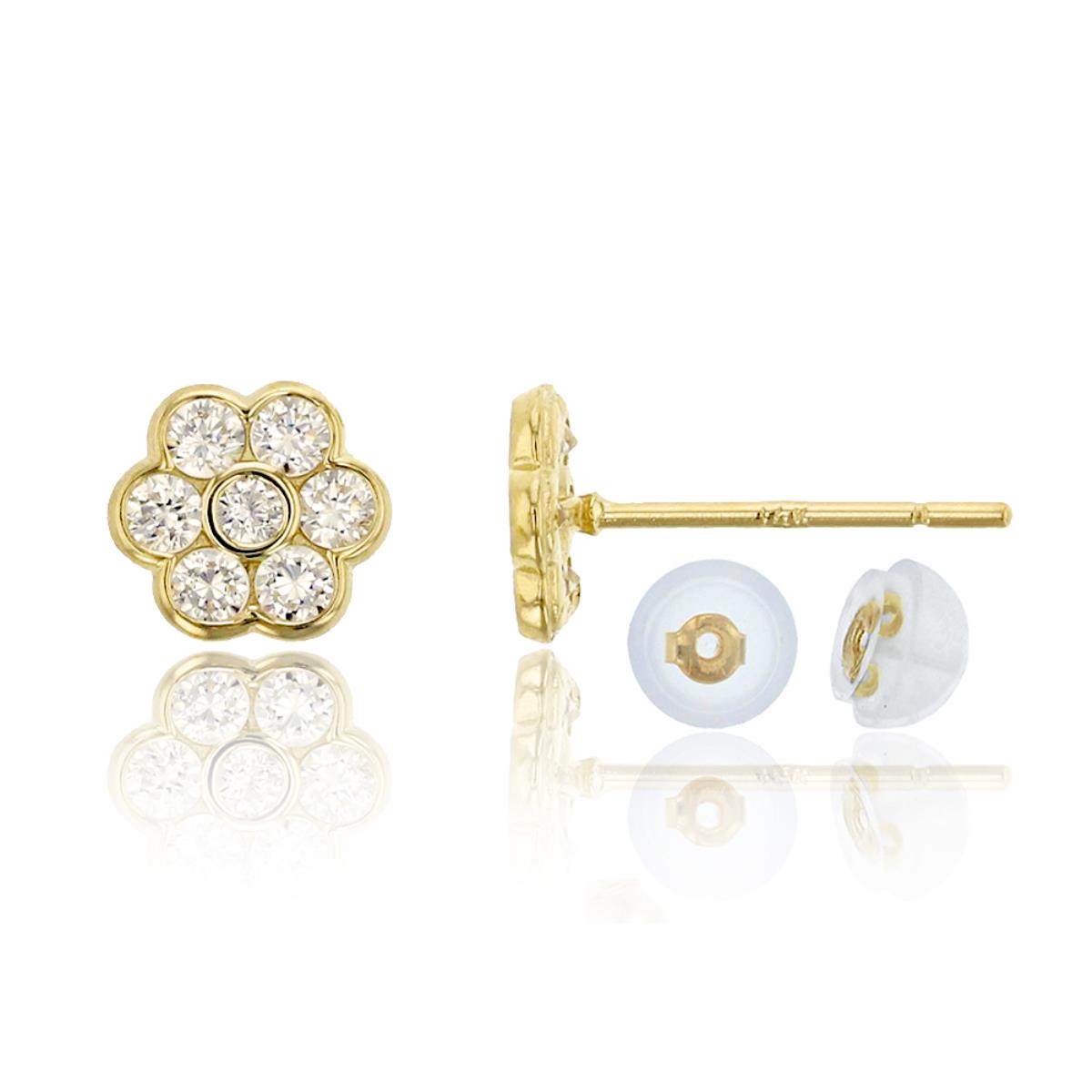 14K Yellow Gold 6mm Bubble Flower CZ Stud Earring & 14K Silicone Back