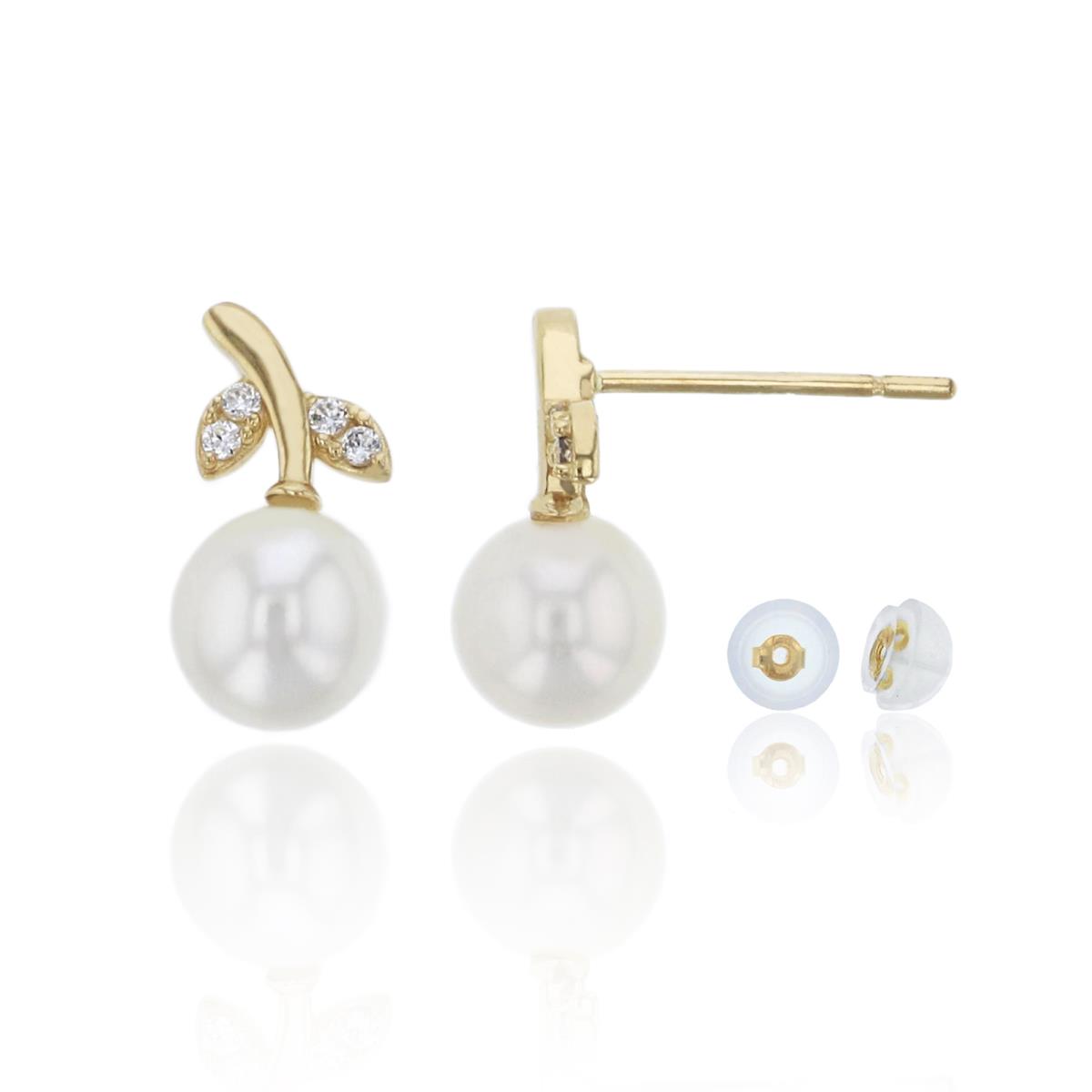 10K Yellow Gold 5mm Fresh Water Pearl & CZ Leaf Branch Stud Earring & 10K Silicone Back