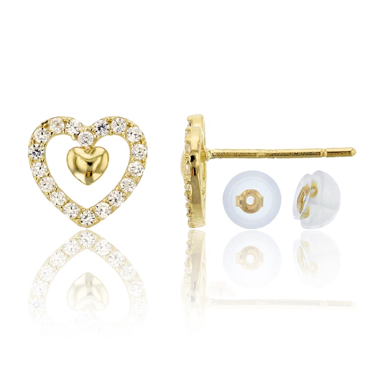 14K Yellow Gold Micropave 7mm Open Heart CZ Stud Earring & 14K Silicone Back