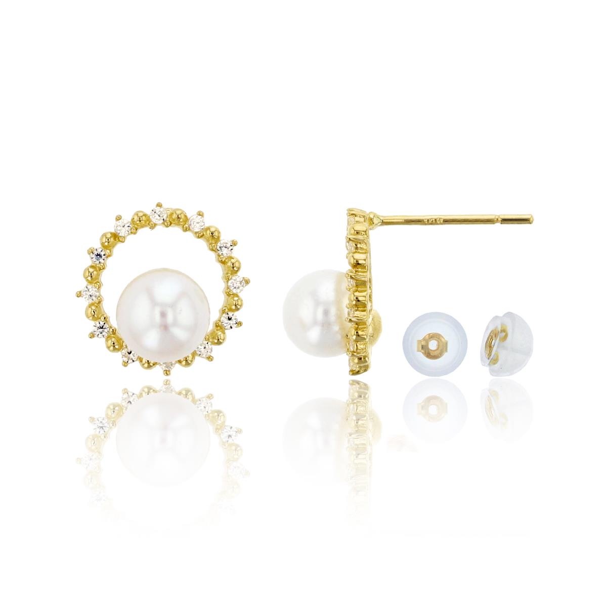 10K Yellow Gold 5mm Fresh Water Pearl & CZ Open Circle Earring & 10K Silicone Back