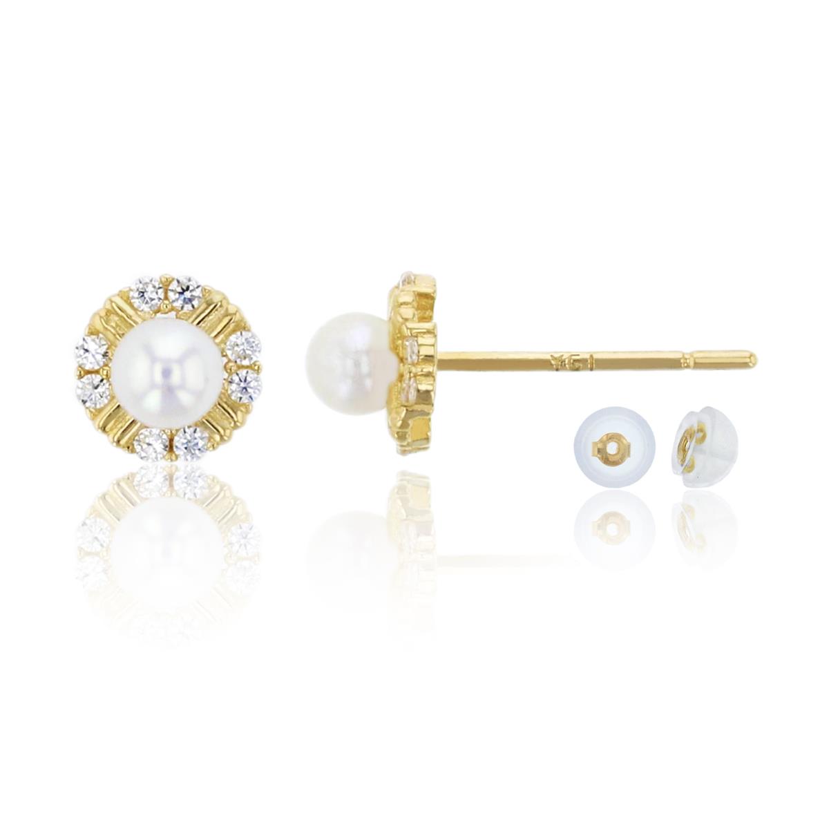 14K Yellow Gold 3mm Fresh Water Pearl & CZ Flower Stud Earring & 14K Silicone Back