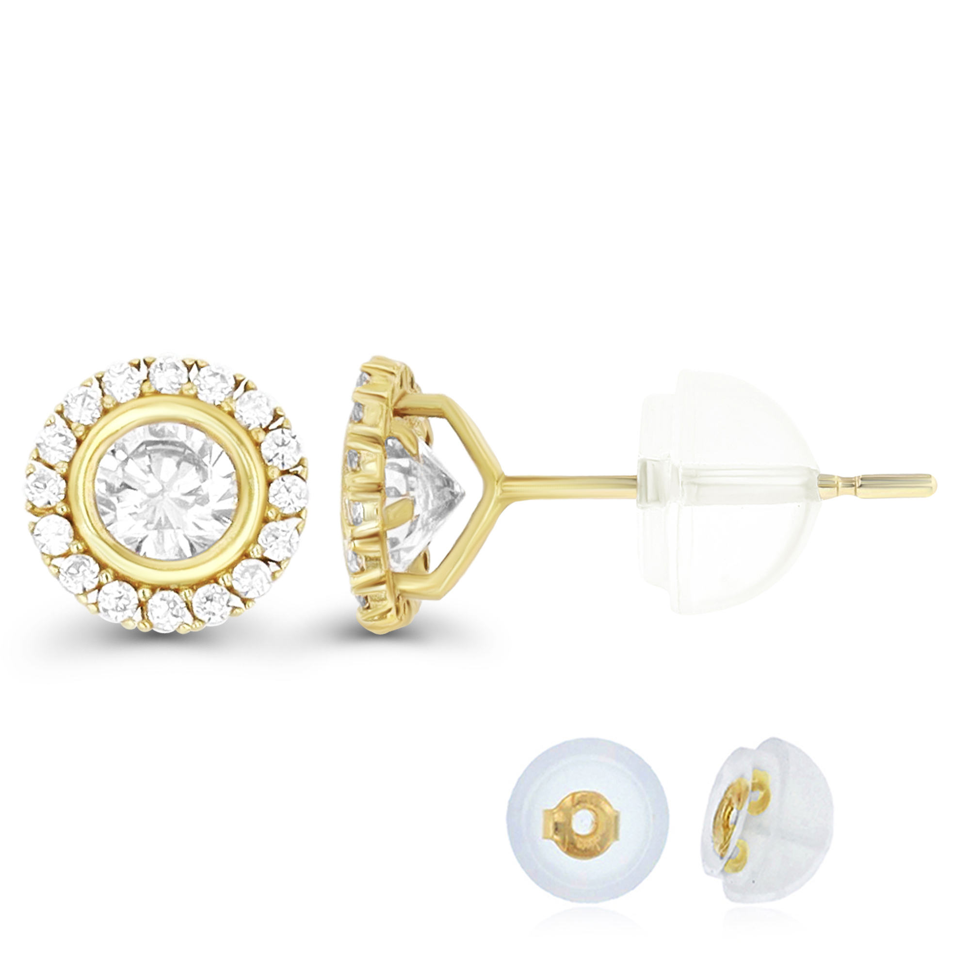 14K Yellow Gold Micropave 4mm Round CZ Bezel Stud Earring & 14K Silicone Back