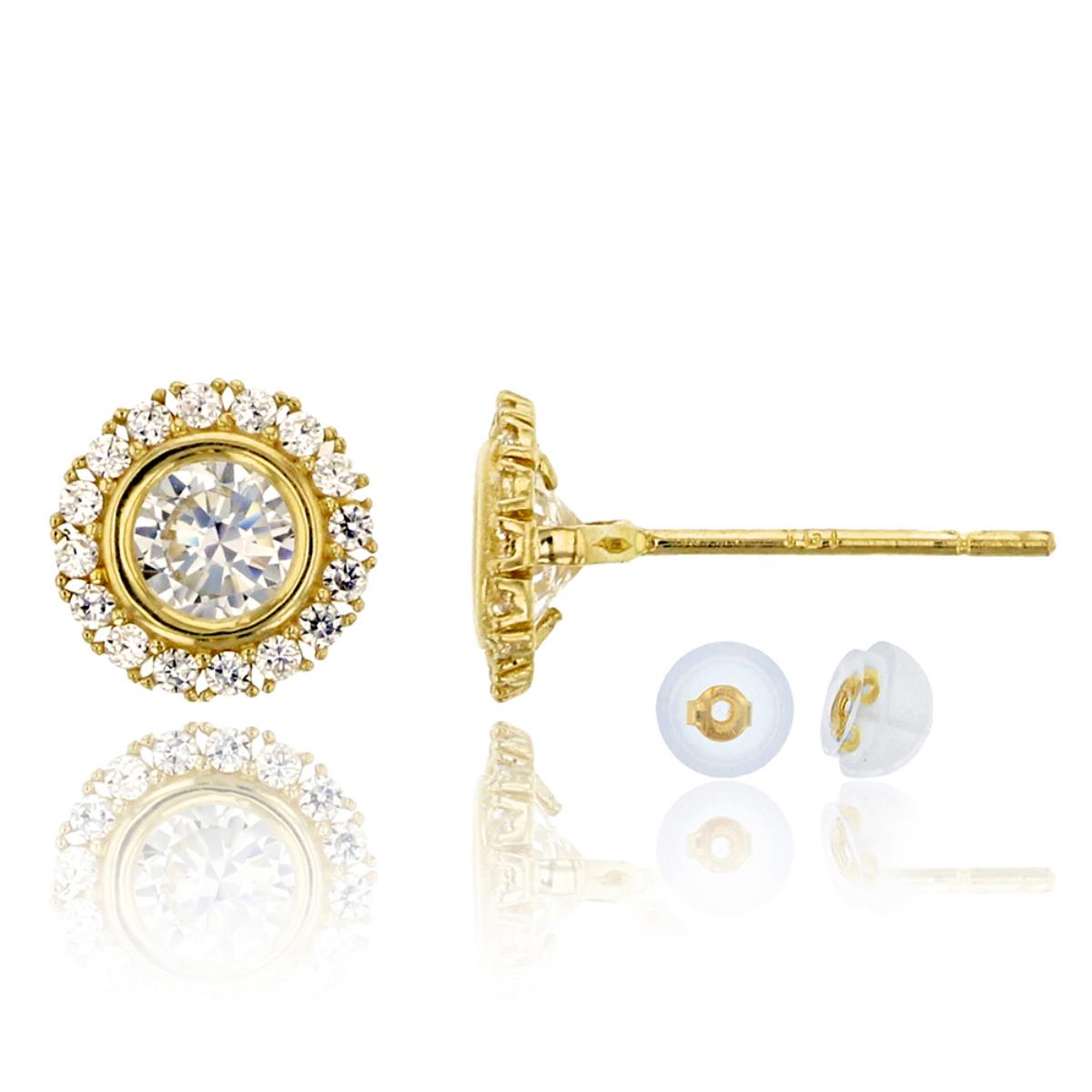 10K Yellow Gold Micropave 4mm Round CZ Bezel Stud Earring & 10K Silicone Back