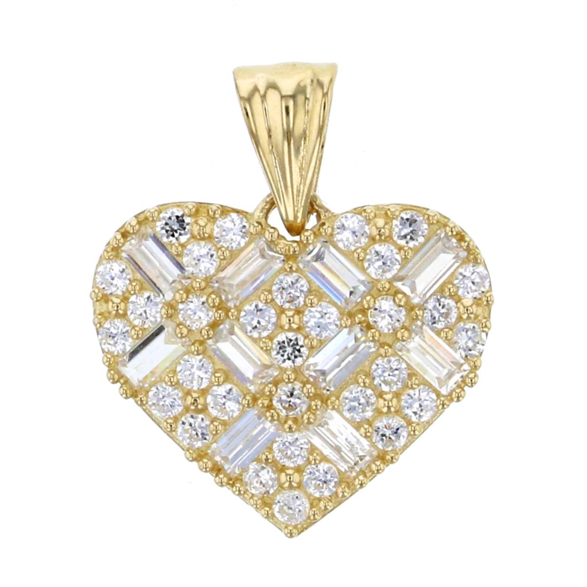 14K Yellow Gold Round & Baguette CZ Micropave Heart Dangling Pendant