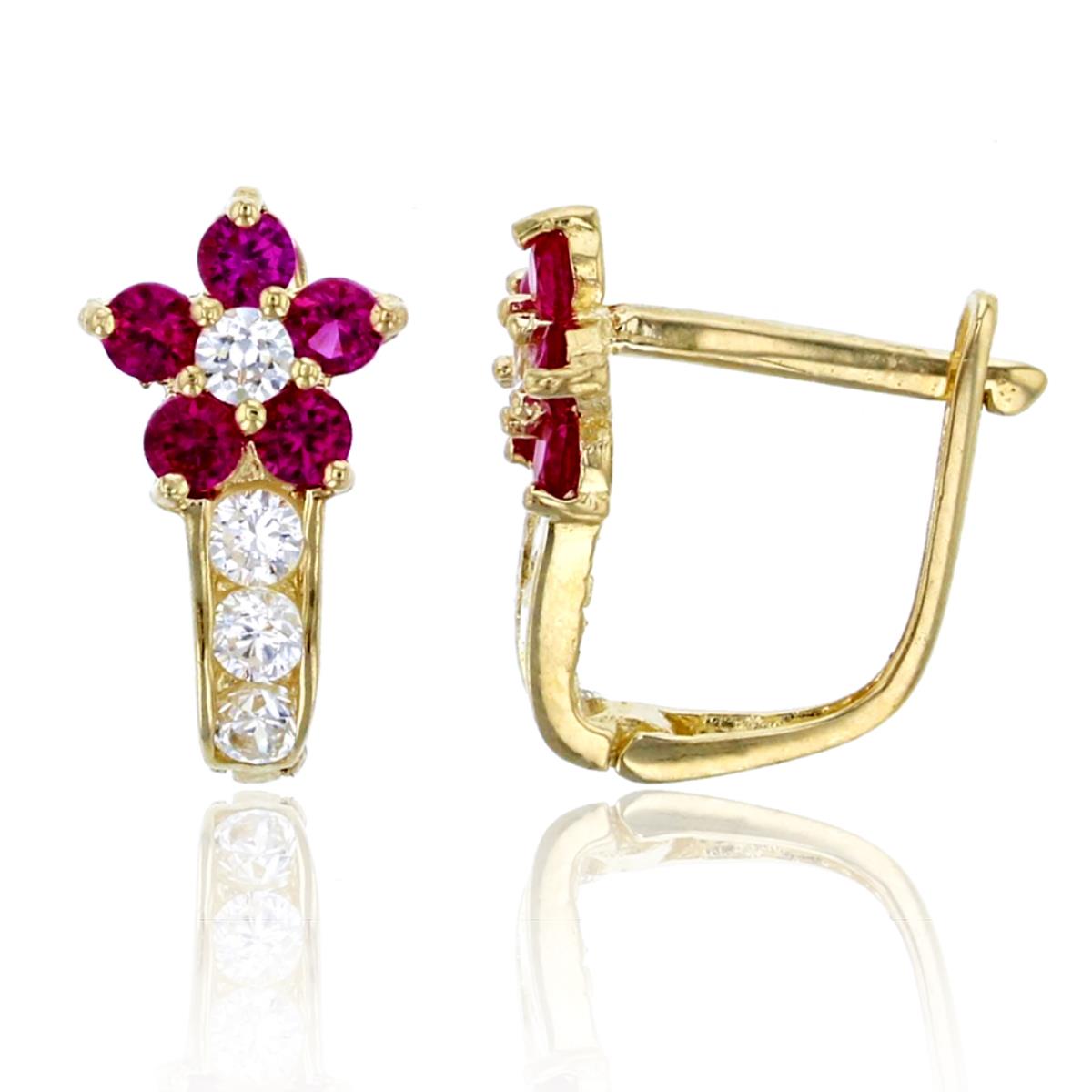 10K Yellow Gold 7x12mm Micropave Red Ruby & Clear CZ Flower Latchback Earring