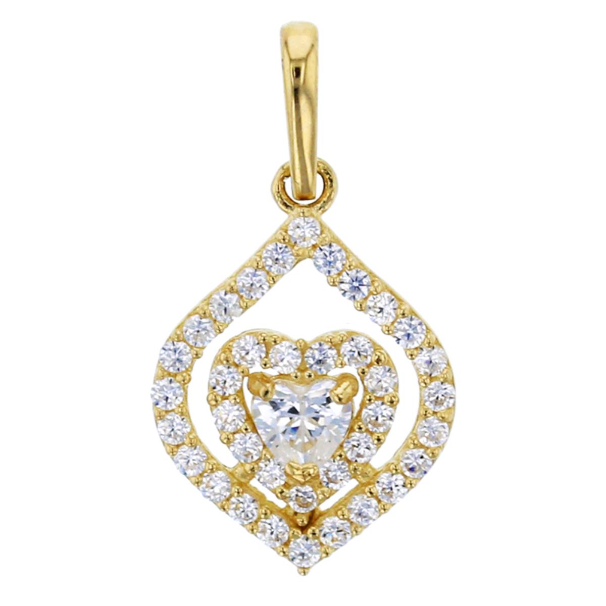 14K Yellow Gold Empty Leaf with Heart Inside CZ Dangling Pendant