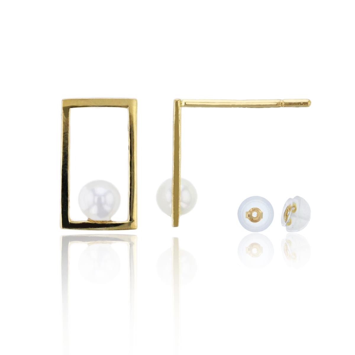 14K Yellow Gold 3mm Fresh Water Pearl Polished Open Rectangular Earing & 14K Silicone Back