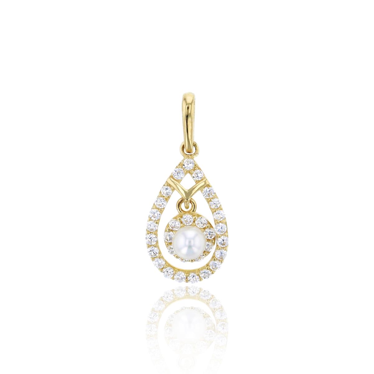 10K Yellow Gold Open Pear Shaped with Dangling 3mm Fresh Water Pearl Pendant