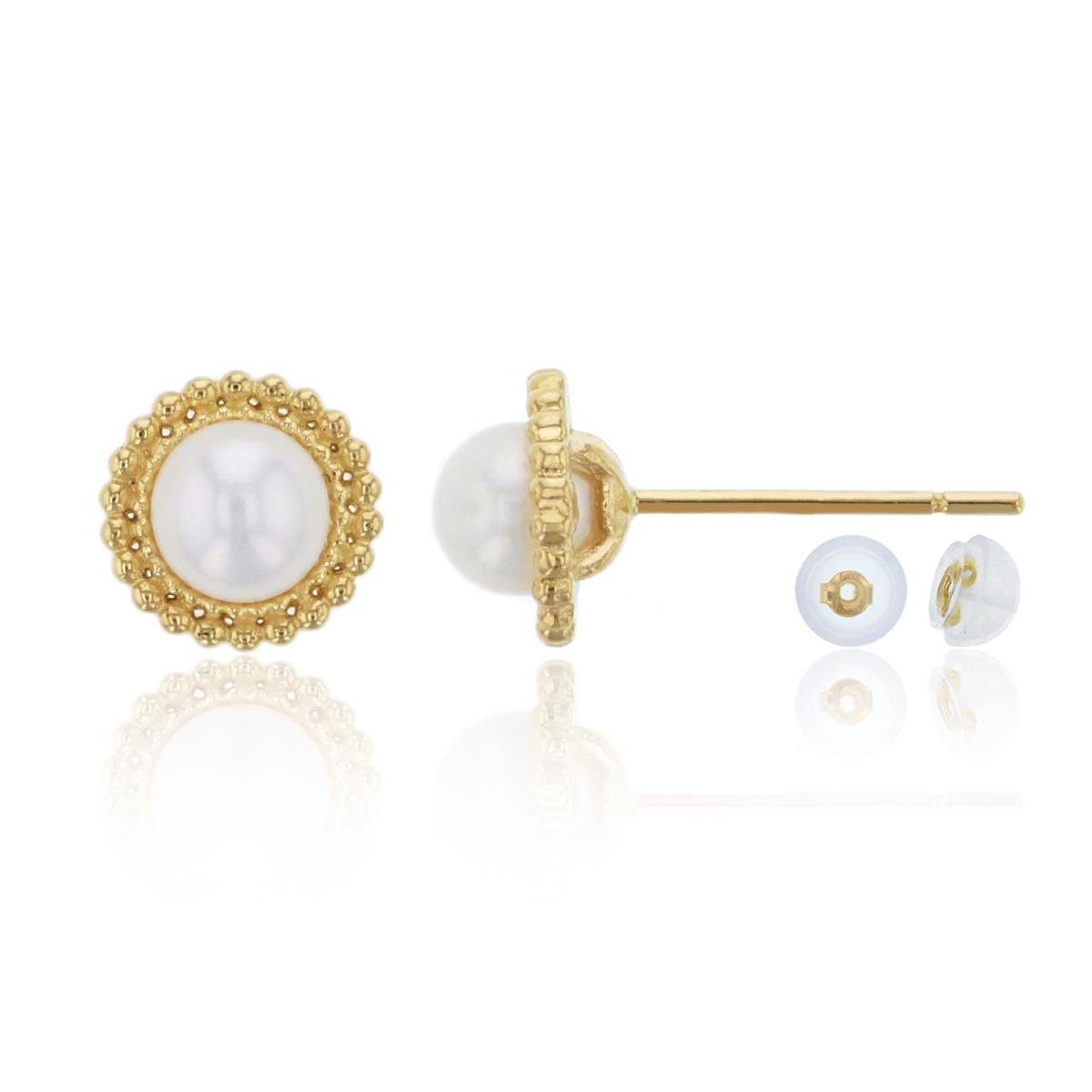 14K Yellow Gold 4mm Fresh Water Pearl Milgraine Stud Earring & 14K Silicone Back