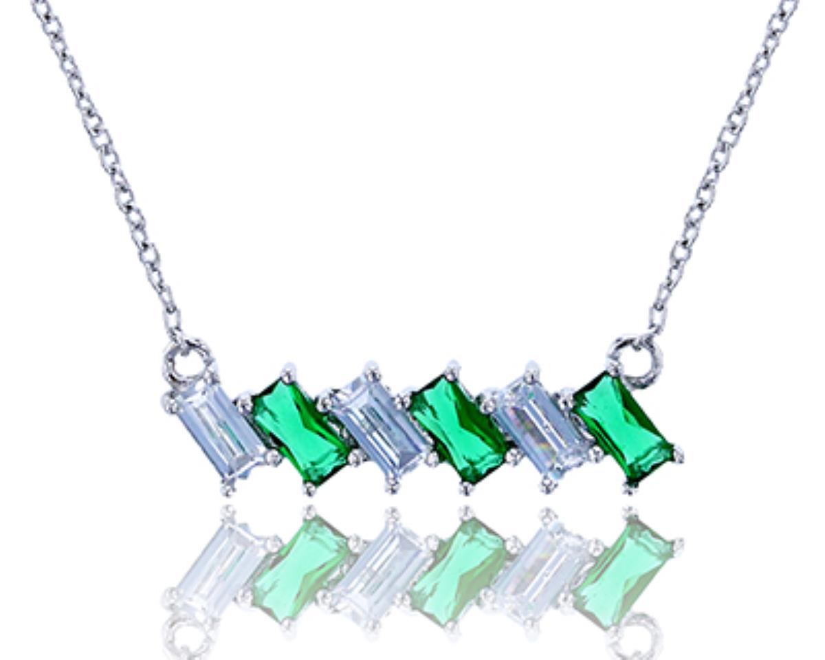 Sterling Silver Rhodium Emerald Glass &  Clear Baguette Cut Zigzag 18" Necklace