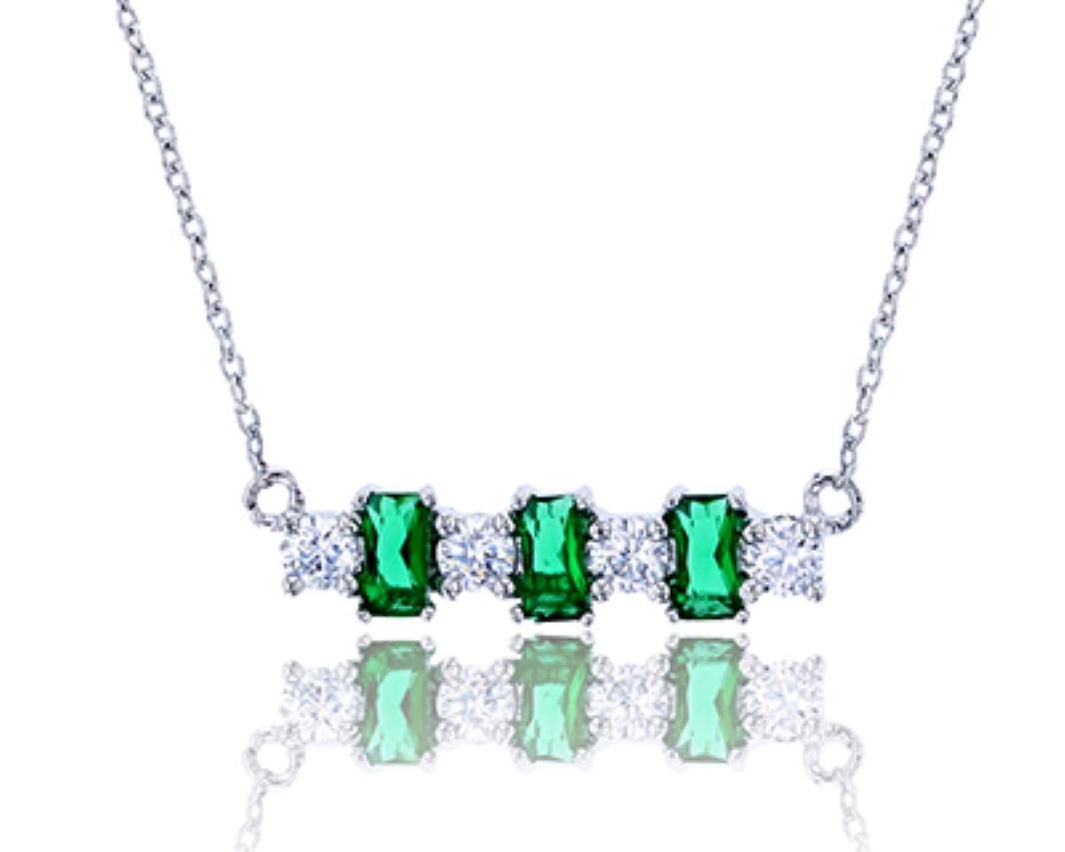 Sterling Silver Rhodium Emerald Cut Emerald Glass & Clear Round CZ Bar 18" Necklace