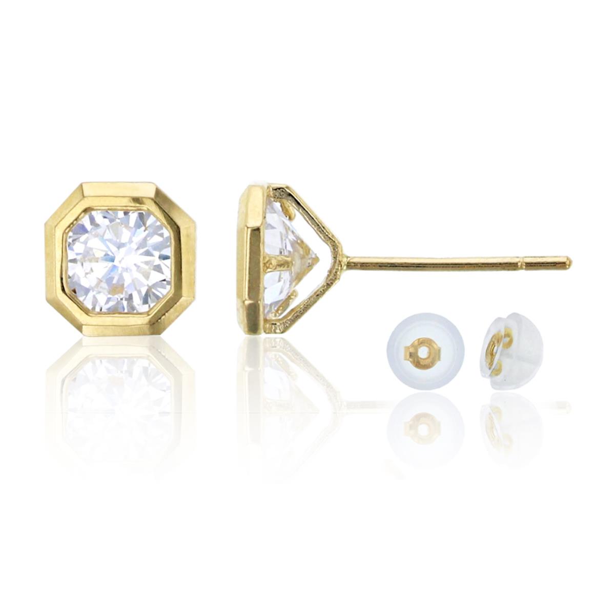 10K Yellow Gold 5mm Round Cut CZ Octagon Shaped Stud Earring & 10K Silicone Back