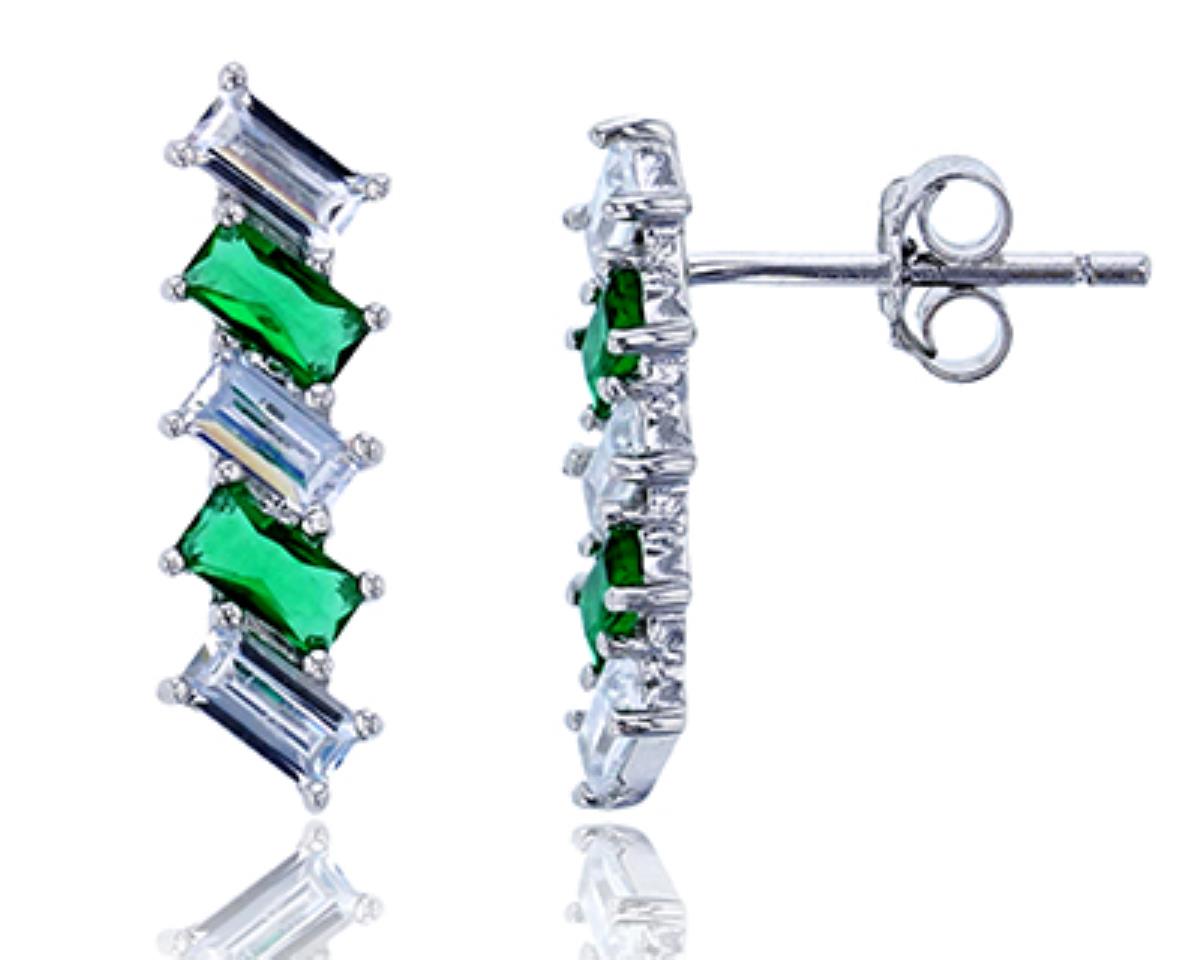 Sterling Silver Rhodium Emerald Green Glass & Clear Baguette Cut Stud Earring