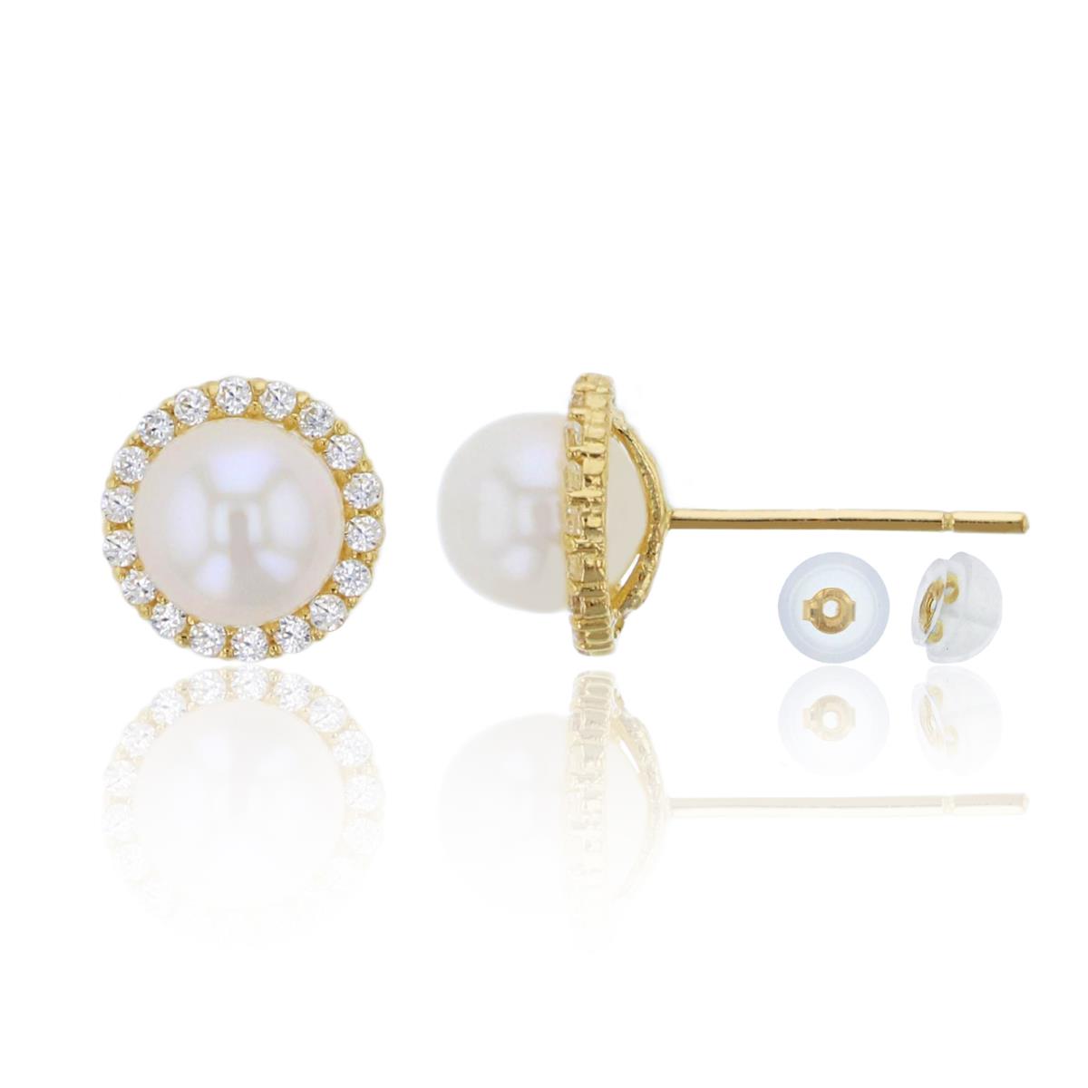 14K Yellow Gold 5mm Fresh Water Pearl & CZ Stud Earring & 14K Silicone Back