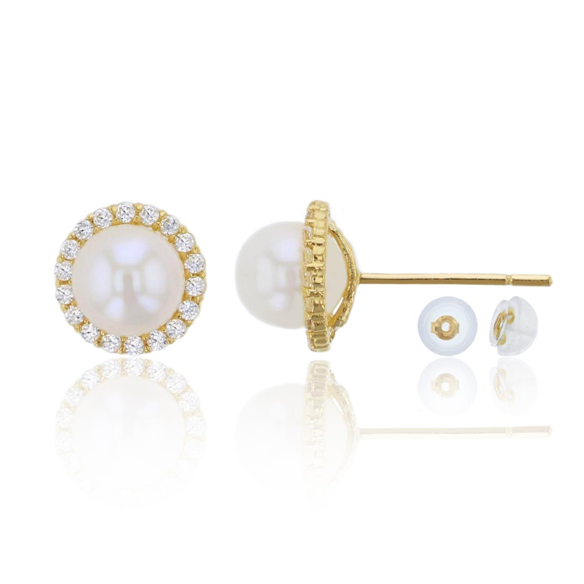 10K Yellow Gold 5mm Fresh Water Pearl & CZ Stud Earring & 10K Silicone Back