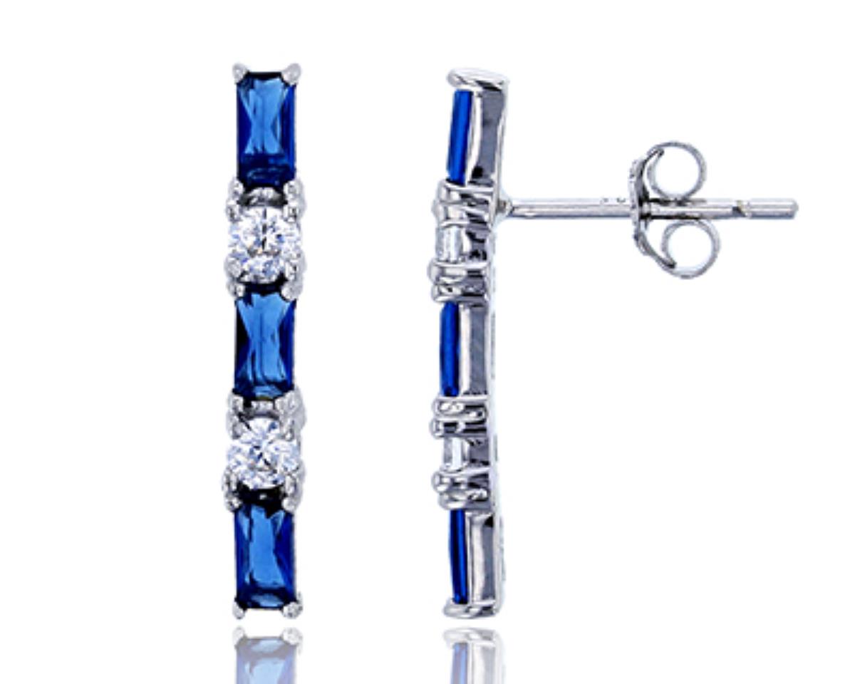 Sterling Silver Rhodium Emerald Cut Sapphire Blue Glass & Clear CZ Stud Earring